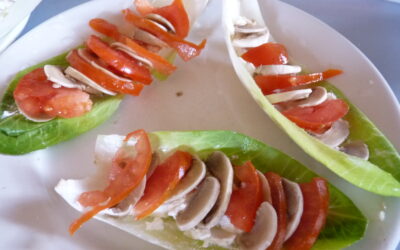 Barcaza de endivia rellenas de queso y milhojas de champi y tomates